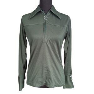 Vintage Double Knit 1/4 Zip Hunter Green Shirt With Split Cuff, Medium, 60s 70s